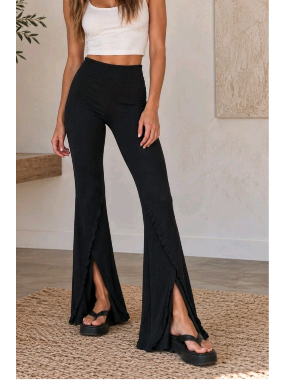 Free People FP Beach XS Petite Black Ribbed Ruffle Flare Pants Boho USA